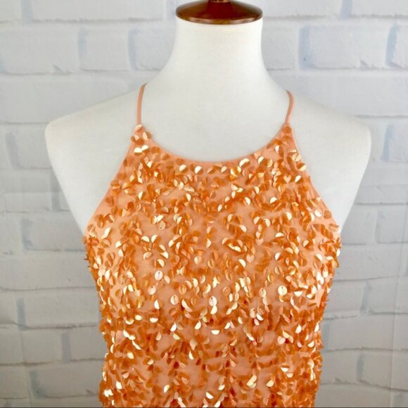 HALSTON HERITAGE Peach Orange Sequin Miini Dress, Size 0 - Picture 4 of 5